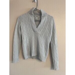Evelyn Grace 100% Cashmere Cable Knit V-Neck Sweater Light Gray S